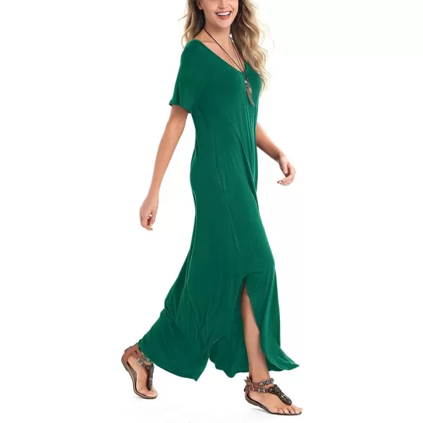 Arolina Womens Summer Maxi Dress Short Sleeve V Neck Casual Loose Long Beach Split Dresses with PocketsDark Green