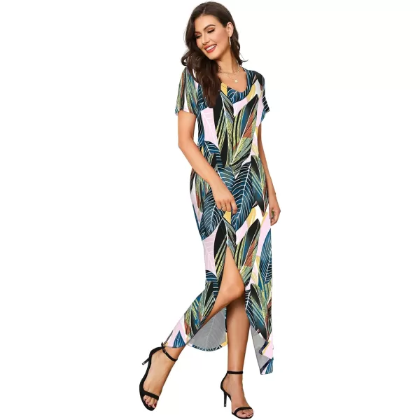 Arolina Womens Summer Maxi Dress Short Sleeve V Neck Casual Loose Long Beach Split Dresses with PocketsLeafy Green