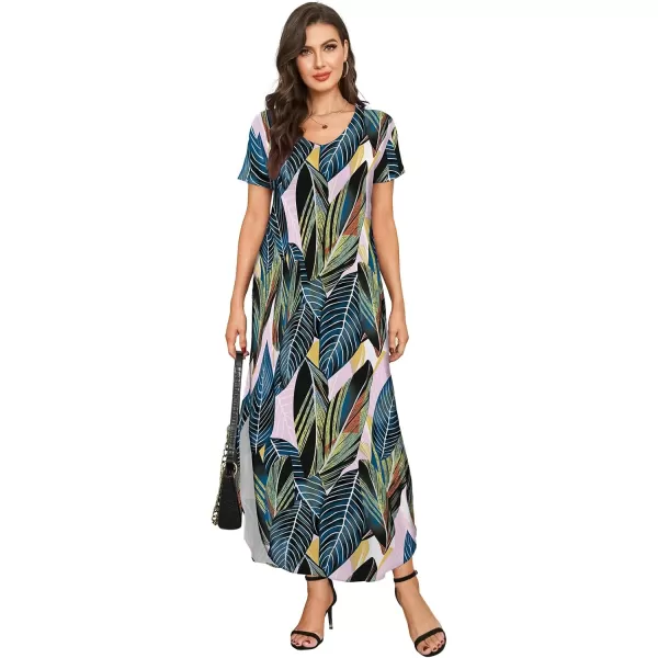 Arolina Womens Summer Maxi Dress Short Sleeve V Neck Casual Loose Long Beach Split Dresses with PocketsLeafy Green