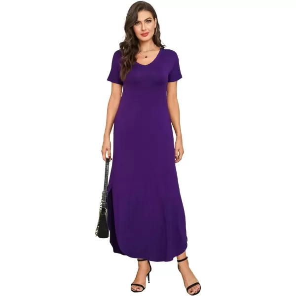 Arolina Womens Summer Maxi Dress Short Sleeve V Neck Casual Loose Long Beach Split Dresses with PocketsPurple