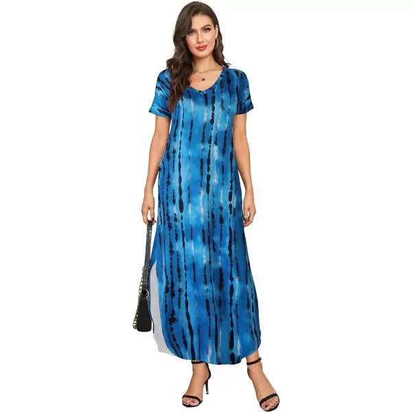 Arolina Womens Summer Maxi Dress Short Sleeve V Neck Casual Loose Long Beach Split Dresses with PocketsWave Dye