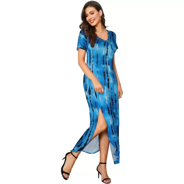 Arolina Womens Summer Maxi Dress Short Sleeve V Neck Casual Loose Long Beach Split Dresses with PocketsWave Dye