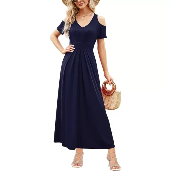 Arolina Cold Shoulder Maxi Dress for Women Summer V Neck Short Sleeve Casual Long Beach Dresses with PocketA Darkblue