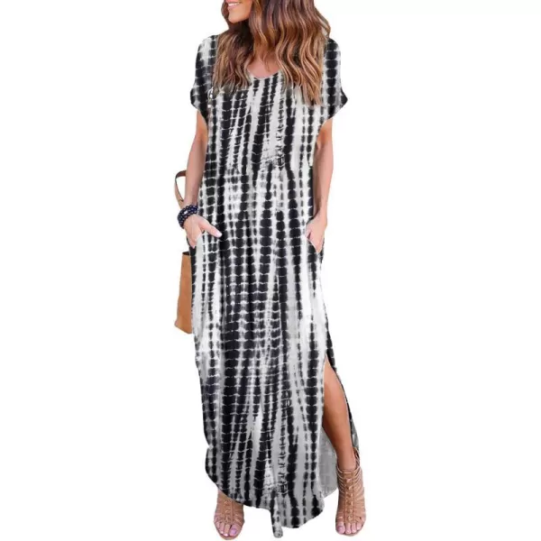 Arolina Womens Summer Maxi Dress Short Sleeve V Neck Casual Loose Long Beach Split Dresses with PocketsBlack Grey