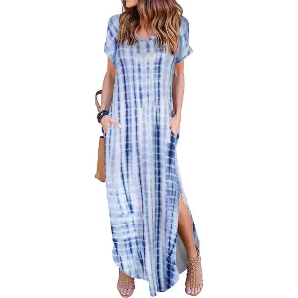 Arolina Womens Summer Maxi Dress Short Sleeve V Neck Casual Loose Long Beach Split Dresses with PocketsBlue Tie Dye