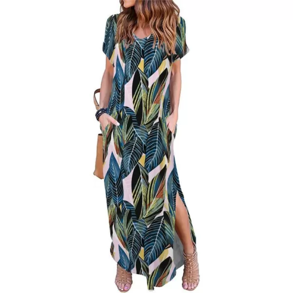 Arolina Womens Summer Maxi Dress Short Sleeve V Neck Casual Loose Long Beach Split Dresses with PocketsLeafy Green