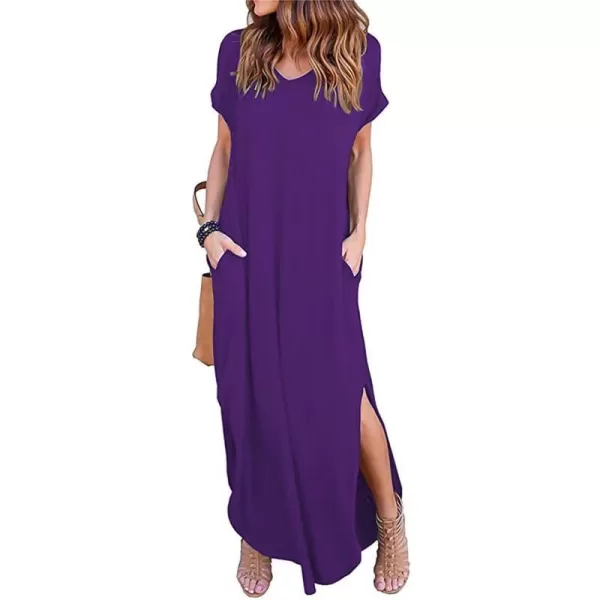 Arolina Womens Summer Maxi Dress Short Sleeve V Neck Casual Loose Long Beach Split Dresses with PocketsPurple