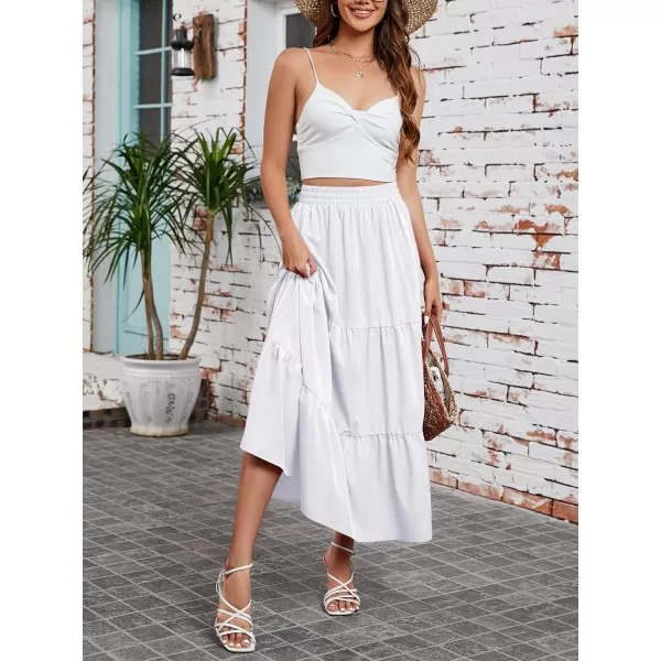 Arolina Maxi Skirt for Women Summer Boho Elastic High Waist Pleated ALine Flowy Ruffle Swing Tiered Long Beach Skirt Dress White