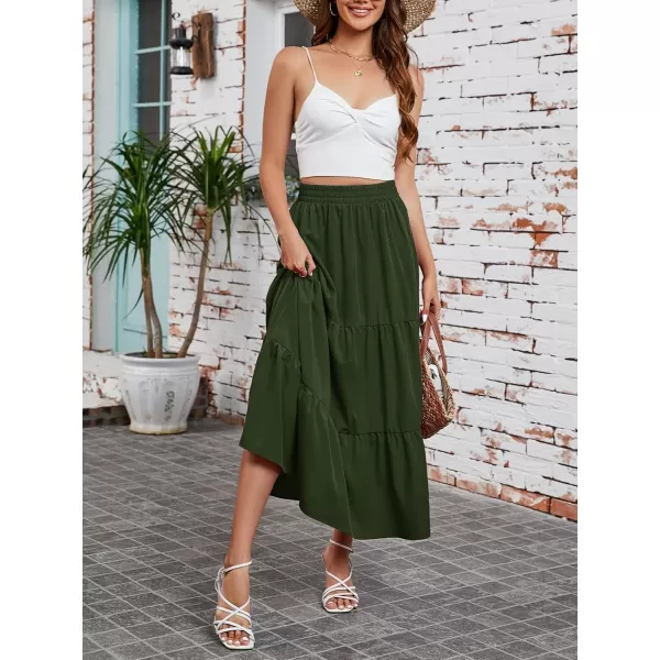 Arolina Maxi Skirt for Women Summer Boho Elastic High Waist Pleated ALine Flowy Ruffle Swing Tiered Long Beach Skirt DressArmy Green