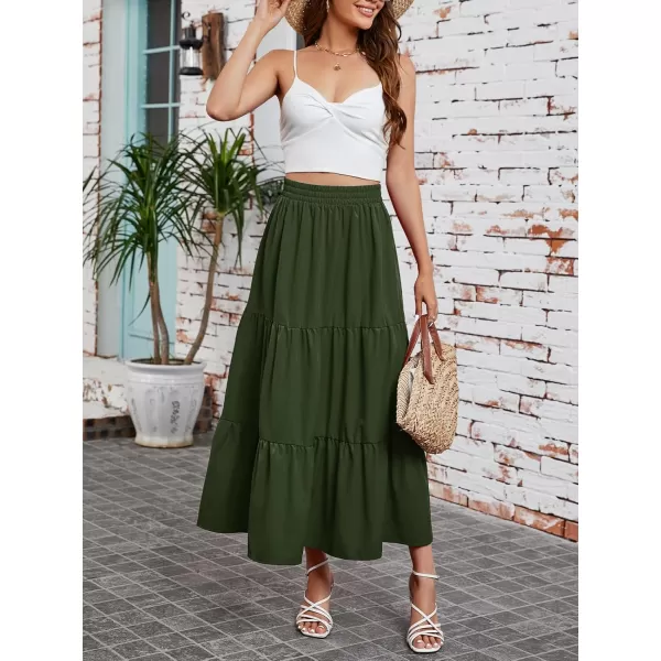 Arolina Maxi Skirt for Women Summer Boho Elastic High Waist Pleated ALine Flowy Ruffle Swing Tiered Long Beach Skirt DressArmy Green