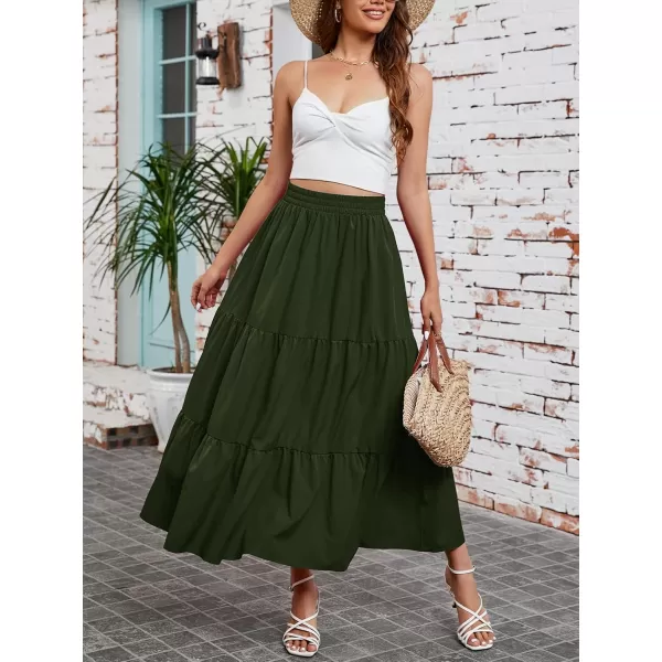 Arolina Maxi Skirt for Women Summer Boho Elastic High Waist Pleated ALine Flowy Ruffle Swing Tiered Long Beach Skirt DressArmy Green