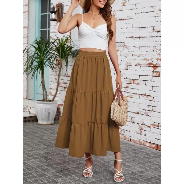 Arolina Maxi Skirt for Women Summer Boho Elastic High Waist Pleated ALine Flowy Ruffle Swing Tiered Long Beach Skirt DressBrown