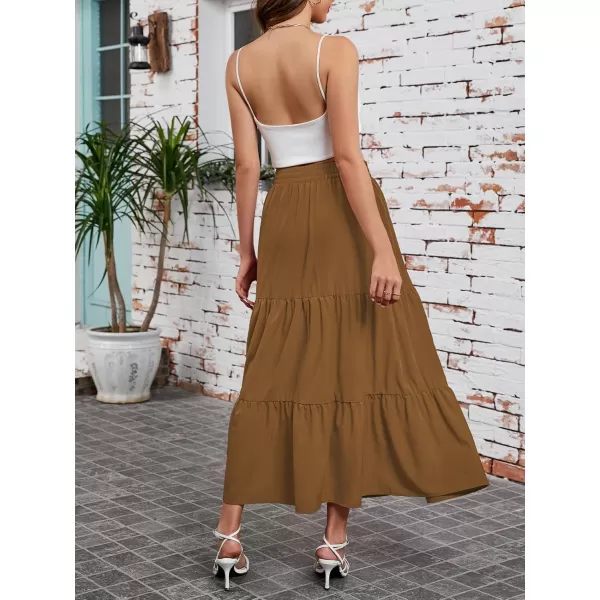 Arolina Maxi Skirt for Women Summer Boho Elastic High Waist Pleated ALine Flowy Ruffle Swing Tiered Long Beach Skirt DressBrown