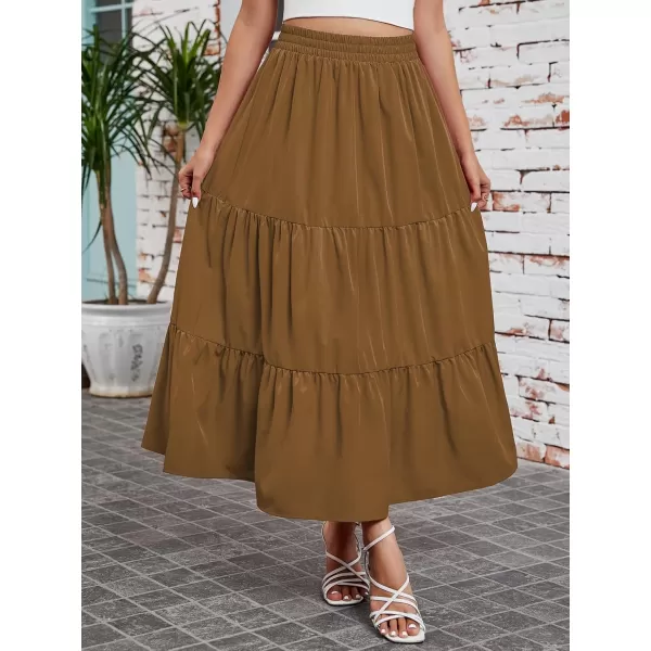 Arolina Maxi Skirt for Women Summer Boho Elastic High Waist Pleated ALine Flowy Ruffle Swing Tiered Long Beach Skirt DressBrown