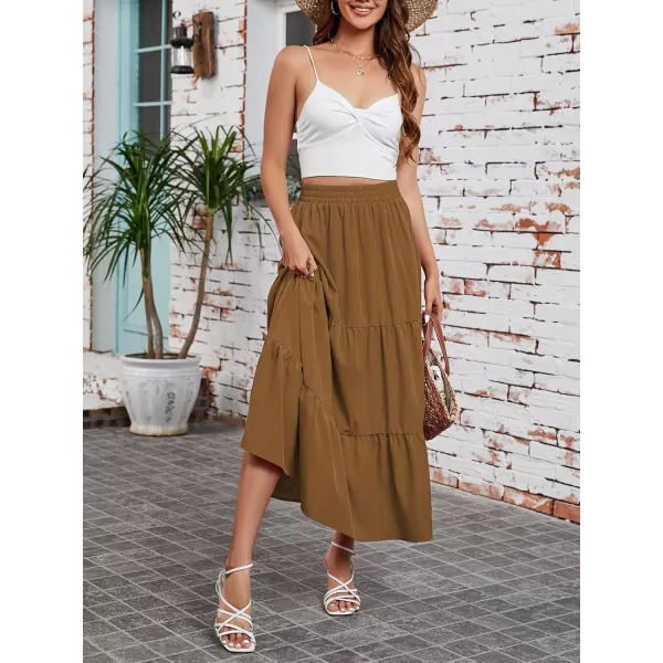 Arolina Maxi Skirt for Women Summer Boho Elastic High Waist Pleated ALine Flowy Ruffle Swing Tiered Long Beach Skirt DressBrown