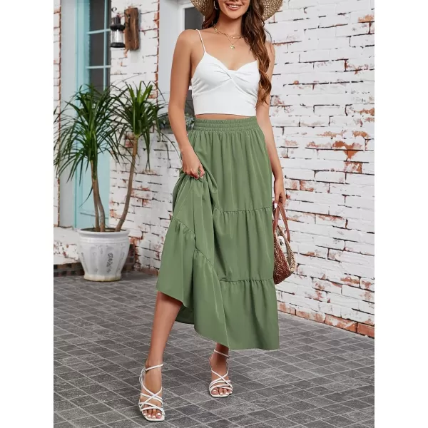 Arolina Maxi Skirt for Women Summer Boho Elastic High Waist Pleated ALine Flowy Ruffle Swing Tiered Long Beach Skirt DressLight Army Green