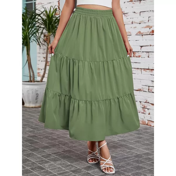 Arolina Maxi Skirt for Women Summer Boho Elastic High Waist Pleated ALine Flowy Ruffle Swing Tiered Long Beach Skirt DressLight Army Green