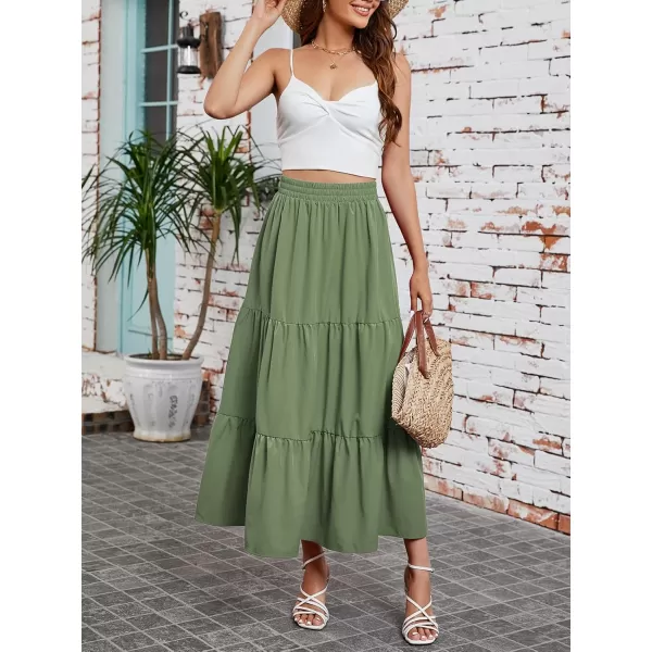 Arolina Maxi Skirt for Women Summer Boho Elastic High Waist Pleated ALine Flowy Ruffle Swing Tiered Long Beach Skirt DressLight Army Green
