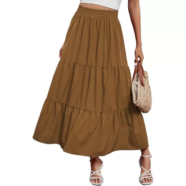 Arolina Maxi Skirt for Women Summer Boho Elastic High Waist Pleated ALine Flowy Ruffle Swing Tiered Long Beach Skirt DressBrown