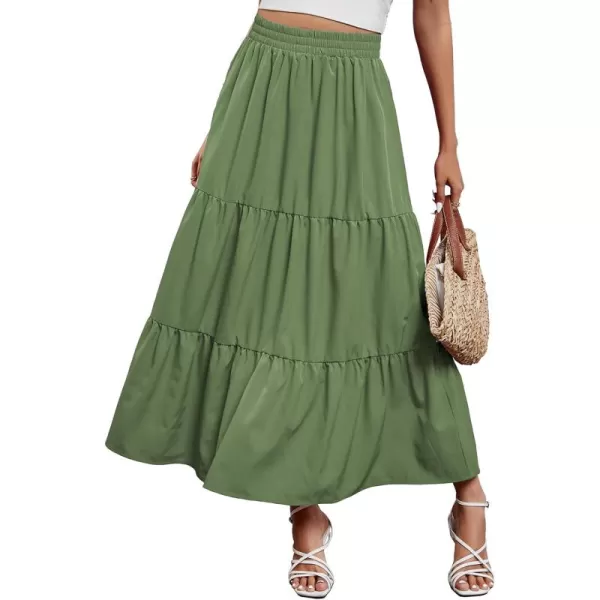 Arolina Maxi Skirt for Women Summer Boho Elastic High Waist Pleated ALine Flowy Ruffle Swing Tiered Long Beach Skirt DressLight Army Green