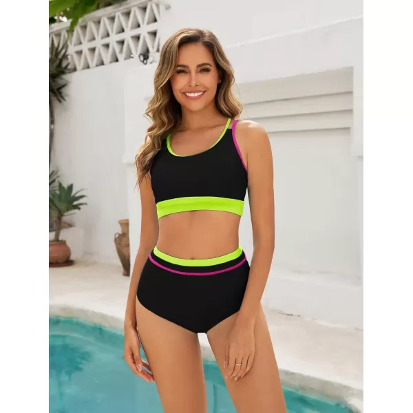 imageArolina Womens High Waisted Bikini Sets Cheeky Two Piece Swimsuits Color Block Cheeky Bathing Suits High Cut SwimwearBlack