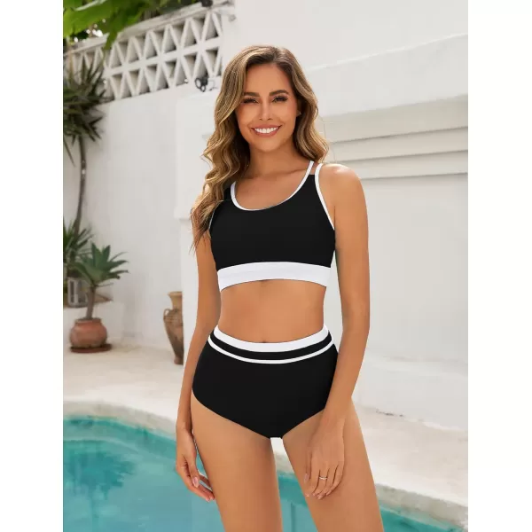 imageArolina Womens High Waisted Bikini Sets Cheeky Two Piece Swimsuits Color Block Cheeky Bathing Suits High Cut SwimwearBlack and White
