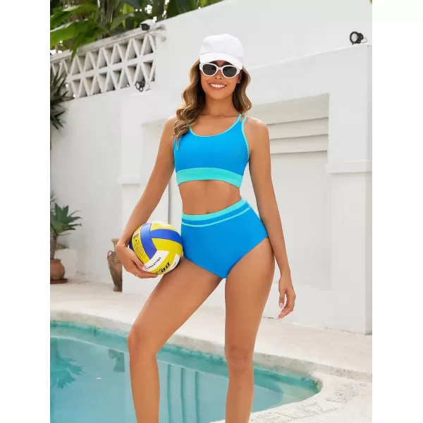 imageArolina Womens High Waisted Bikini Sets Cheeky Two Piece Swimsuits Color Block Cheeky Bathing Suits High Cut SwimwearBlue