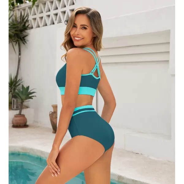 imageArolina Womens High Waisted Bikini Sets Cheeky Two Piece Swimsuits Color Block Cheeky Bathing Suits High Cut SwimwearPeacock Blue