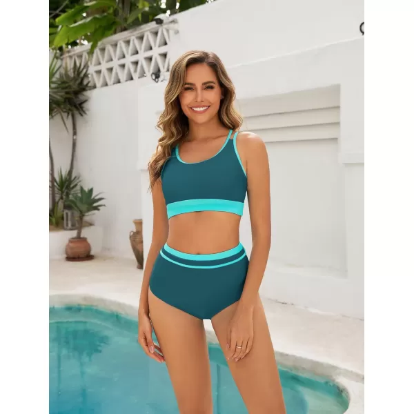 imageArolina Womens High Waisted Bikini Sets Cheeky Two Piece Swimsuits Color Block Cheeky Bathing Suits High Cut SwimwearPeacock Blue