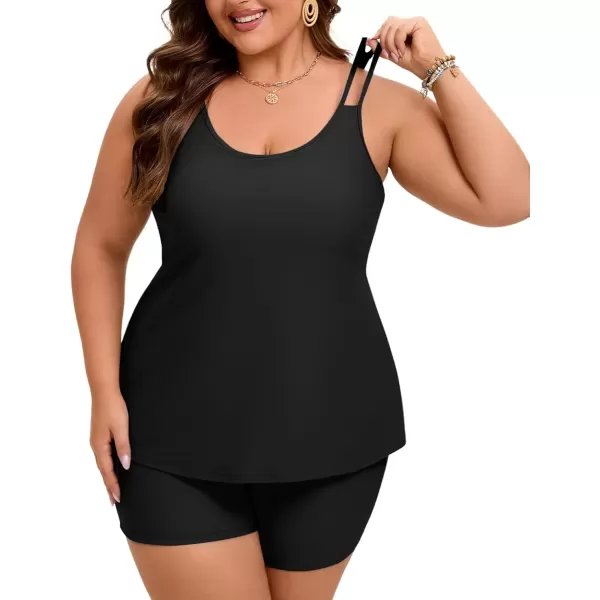 imageArolina Tankini Swimsuits for Women Tummy Control Two Piece Bathing Suits Flowy Swim Tops with Boy ShortsBlack