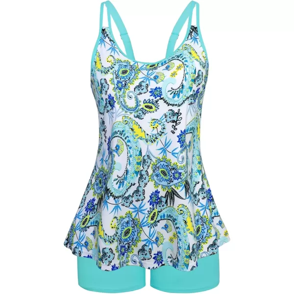 imageArolina Tankini Swimsuits for Women Tummy Control Two Piece Bathing Suits Flowy Swim Tops with Boy ShortsLake Blue Paisley Printed