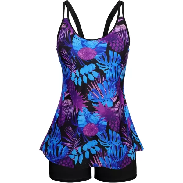 imageArolina Tankini Swimsuits for Women Tummy Control Two Piece Bathing Suits Flowy Swim Tops with Boy ShortsPurple Pineapple