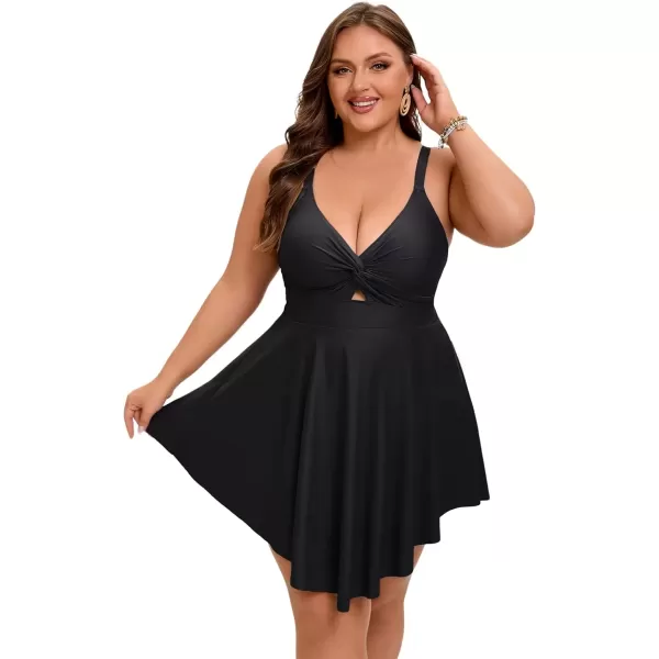 imageArolina Womens Plus Size Tankini Swimsuits Tummy Control Two Piece Bathing Suit Flowy Swimdress with ShortsBlack