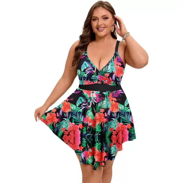imageArolina Womens Plus Size Tankini Swimsuits Tummy Control Two Piece Bathing Suit Flowy Swimdress with ShortsFlower02