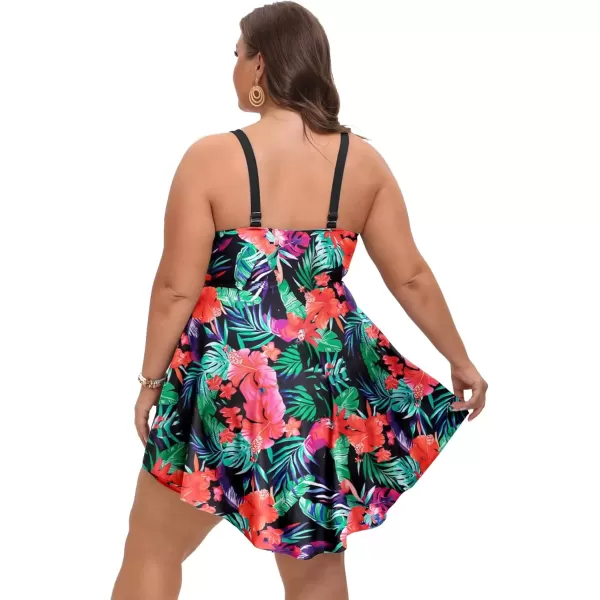 imageArolina Womens Plus Size Tankini Swimsuits Tummy Control Two Piece Bathing Suit Flowy Swimdress with ShortsFlower02