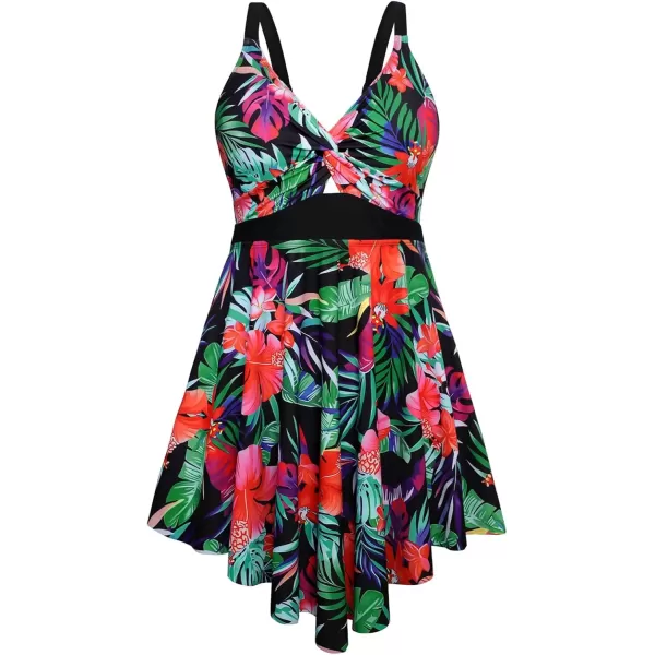imageArolina Womens Plus Size Tankini Swimsuits Tummy Control Two Piece Bathing Suit Flowy Swimdress with ShortsFlower02