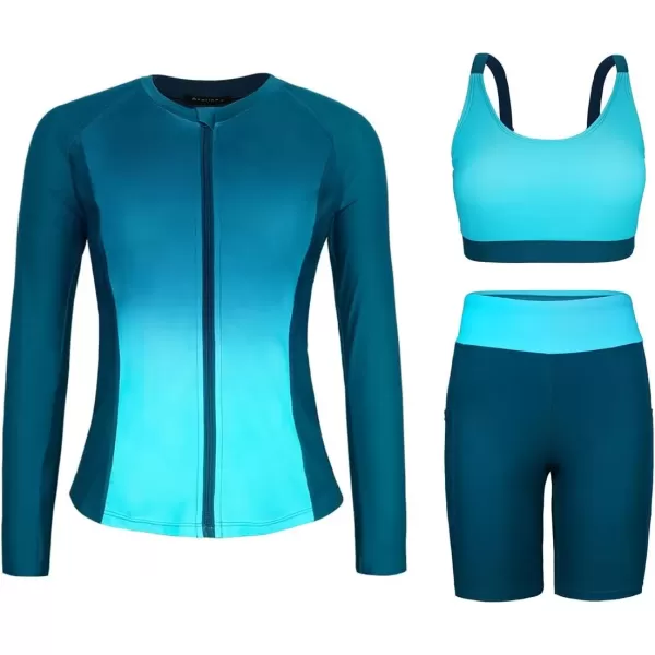imageArolina Womens Rash Guard Long Sleeve Swim Shirts Swimsuit 2025 Bathing Suit with Womens Swim Shorts ampamp Two PocketsBlue