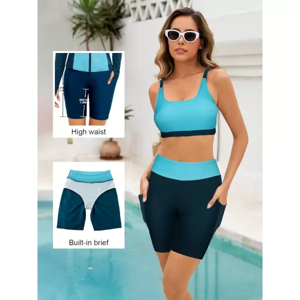 imageArolina Womens Rash Guard Long Sleeve Swim Shirts Swimsuit 2025 Bathing Suit with Womens Swim Shorts ampamp Two PocketsBlue