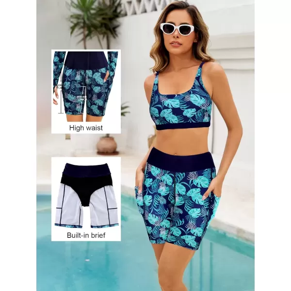 imageArolina Womens Rash Guard Long Sleeve Swim Shirts Swimsuit 2025 Bathing Suit with Womens Swim Shorts ampamp Two PocketsBlue Navy