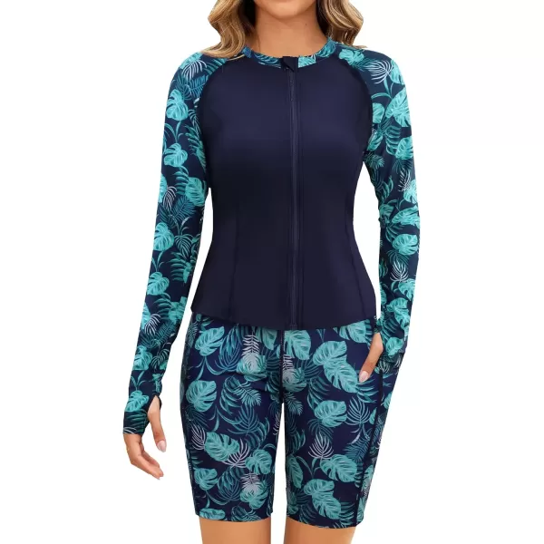 imageArolina Womens Rash Guard Long Sleeve Swim Shirts Swimsuit 2025 Bathing Suit with Womens Swim Shorts ampamp Two PocketsBlue Navy