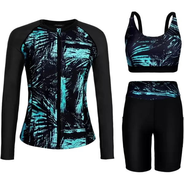 imageArolina Womens Rash Guard Long Sleeve Swim Shirts Swimsuit 2025 Bathing Suit with Womens Swim Shorts ampamp Two PocketsGreen