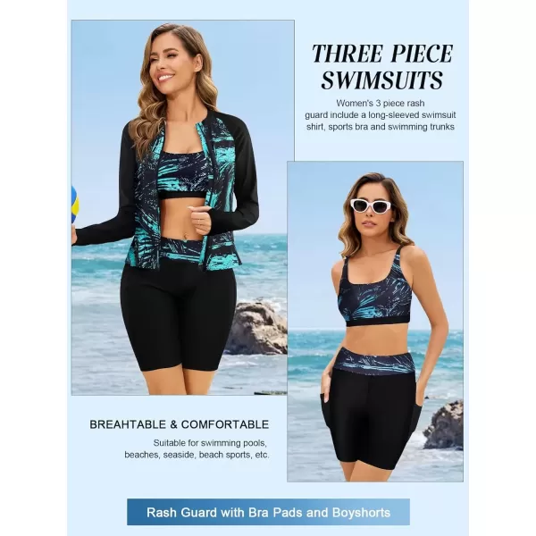 imageArolina Womens Rash Guard Long Sleeve Swim Shirts Swimsuit 2025 Bathing Suit with Womens Swim Shorts ampamp Two PocketsGreen