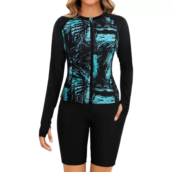 imageArolina Womens Rash Guard Long Sleeve Swim Shirts Swimsuit 2025 Bathing Suit with Womens Swim Shorts ampamp Two PocketsGreen