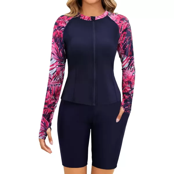 imageArolina Womens Rash Guard Long Sleeve Swim Shirts Swimsuit 2025 Bathing Suit with Womens Swim Shorts ampamp Two PocketsHot Pink