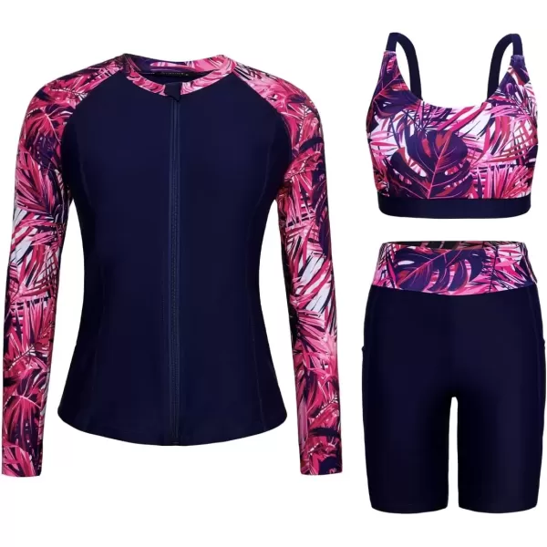 imageArolina Womens Rash Guard Long Sleeve Swim Shirts Swimsuit 2025 Bathing Suit with Womens Swim Shorts ampamp Two PocketsHot Pink