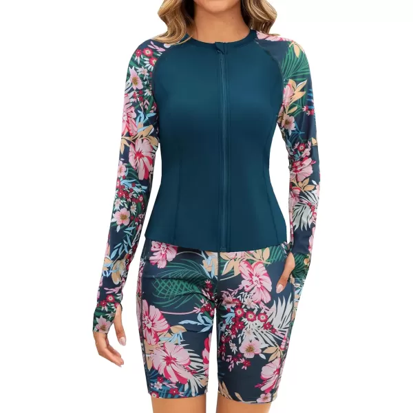 imageArolina Womens Rash Guard Long Sleeve Swim Shirts Swimsuit 2025 Bathing Suit with Womens Swim Shorts ampamp Two PocketsPeacock Blue