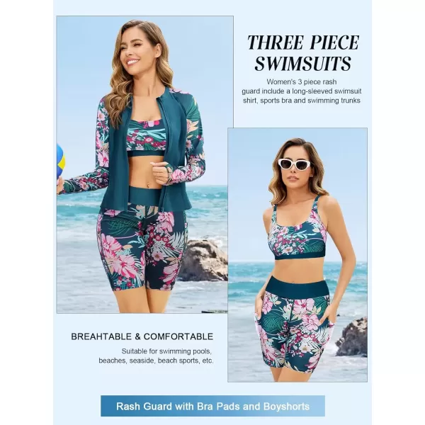 imageArolina Womens Rash Guard Long Sleeve Swim Shirts Swimsuit 2025 Bathing Suit with Womens Swim Shorts ampamp Two PocketsPeacock Blue