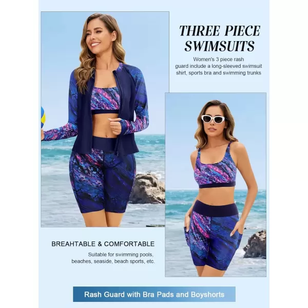 imageArolina Womens Rash Guard Long Sleeve Swim Shirts Swimsuit 2025 Bathing Suit with Womens Swim Shorts ampamp Two PocketsPurple