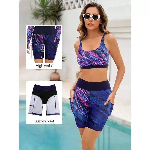 imageArolina Womens Rash Guard Long Sleeve Swim Shirts Swimsuit 2025 Bathing Suit with Womens Swim Shorts ampamp Two PocketsPurple