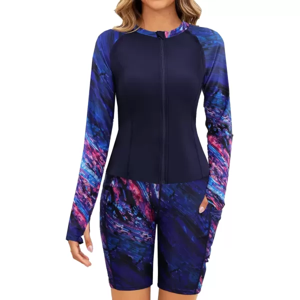 imageArolina Womens Rash Guard Long Sleeve Swim Shirts Swimsuit 2025 Bathing Suit with Womens Swim Shorts ampamp Two PocketsPurple